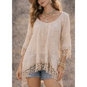 Saks Fifth Avenue Crochet Fringe Off Shoulder Tunic Blouse Size Small Beige Boho